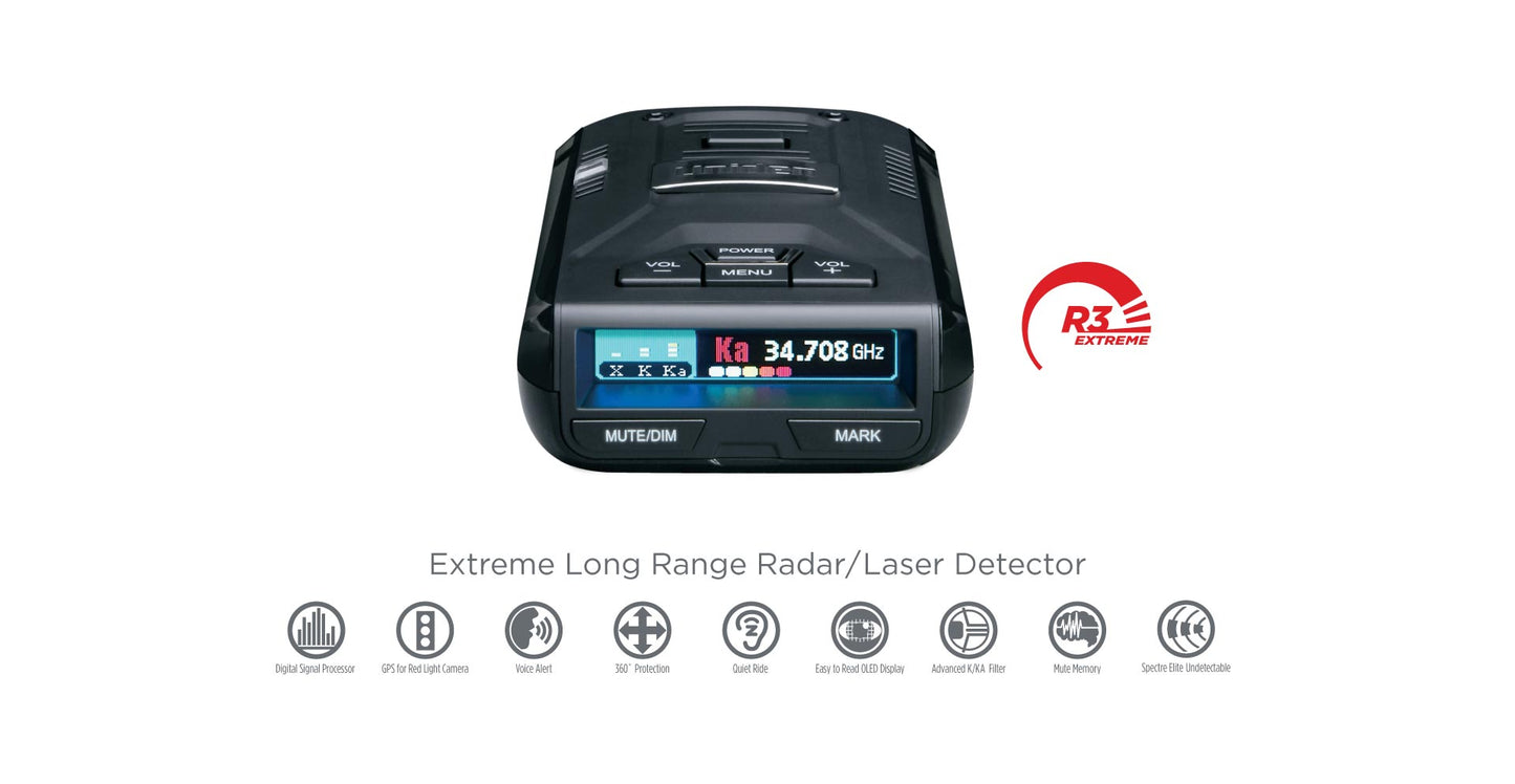 Uniden R3 radar detector front view on white background with feature icons displayed below the product