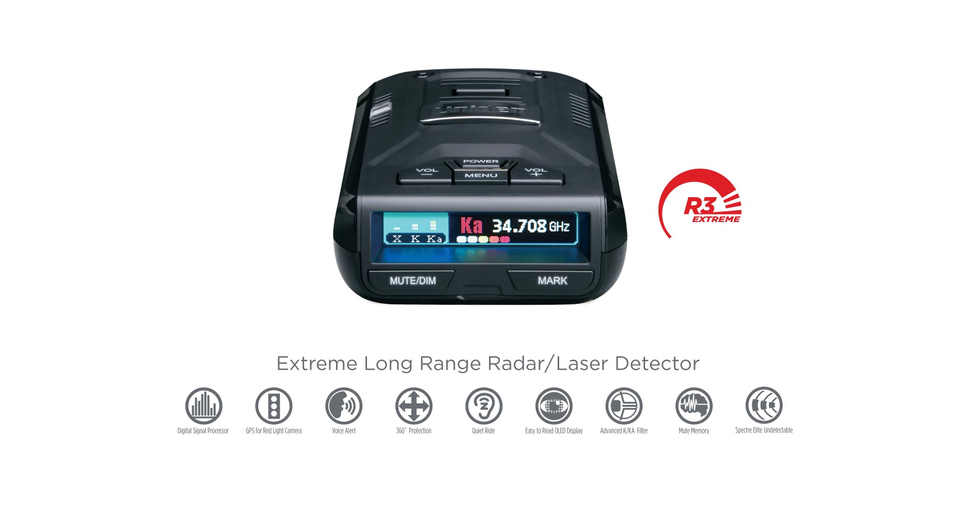 Uniden R3 radar detector front view on white background with feature icons displayed below the product