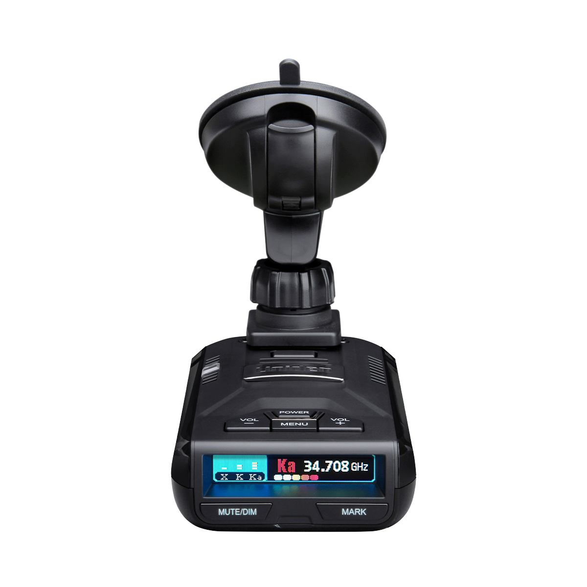 Uniden R3 radar detector front top view with screen on and single suction cup mount attached