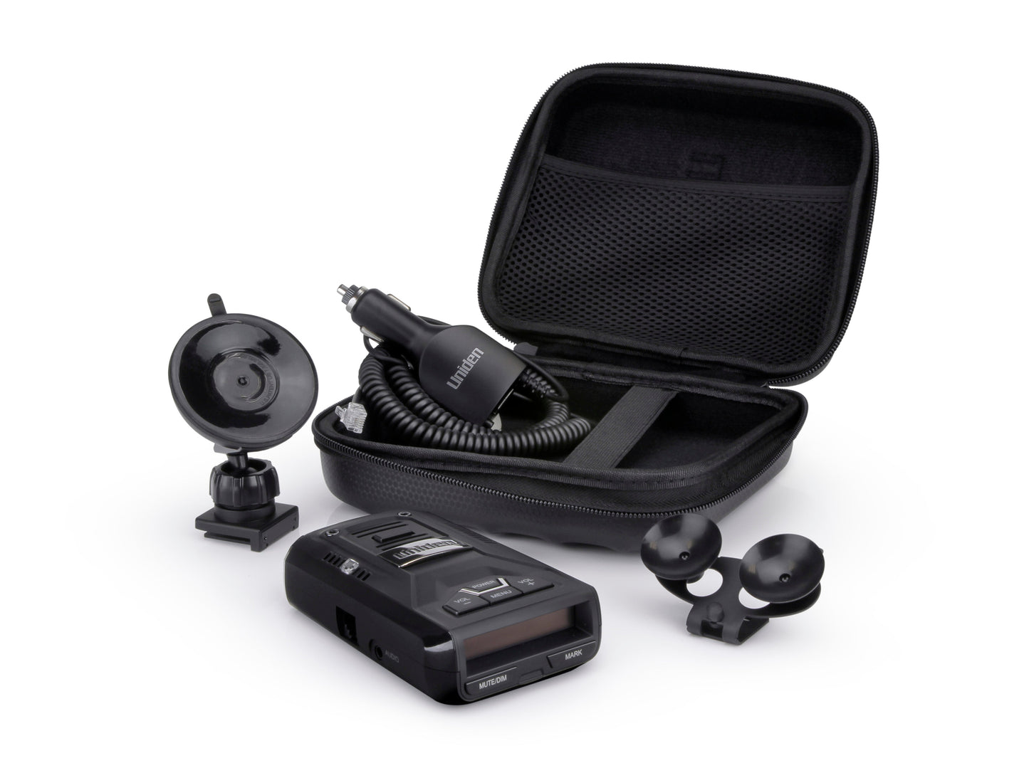 Uniden R3 radar detector full package with carrying case, power cord, and dual and premium suction cup mounts