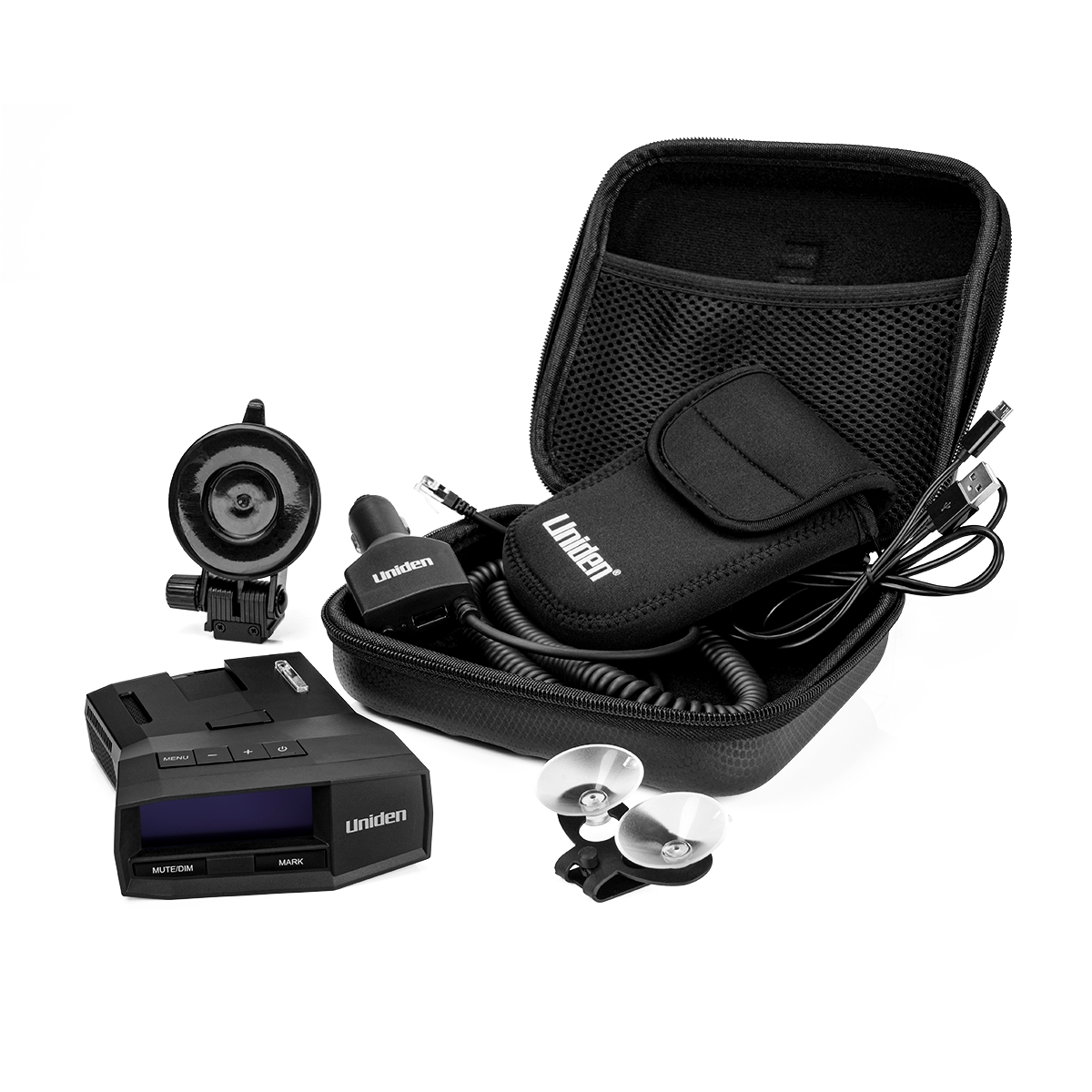 Uniden R8 radar detector full package kit with carrying case, power cord, and dual and premium suction cup mounts