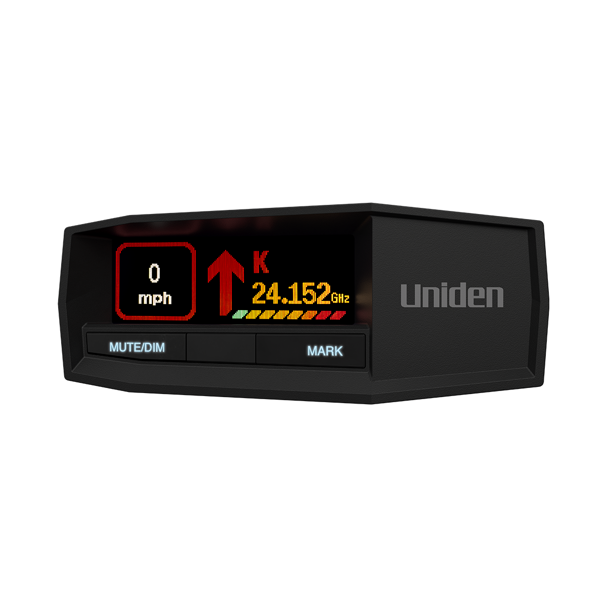 Uniden R8W radar detector front close-up view with screen on and no background