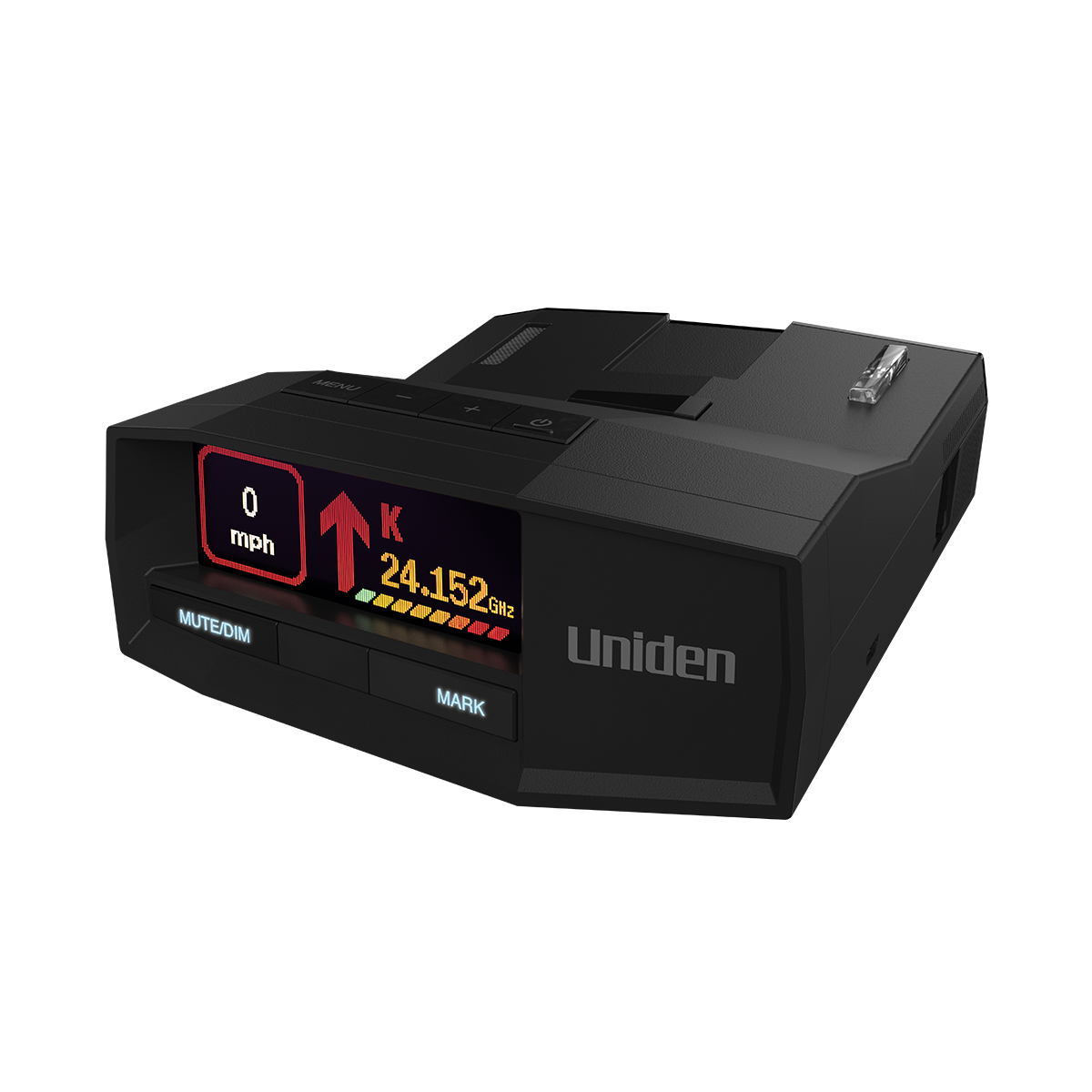 Uniden R8W radar detector front left angle close-up with screen on and no background