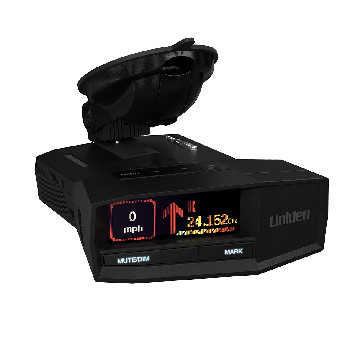 Uniden R8W radar detector top front right angle with premium suction cup and screen on