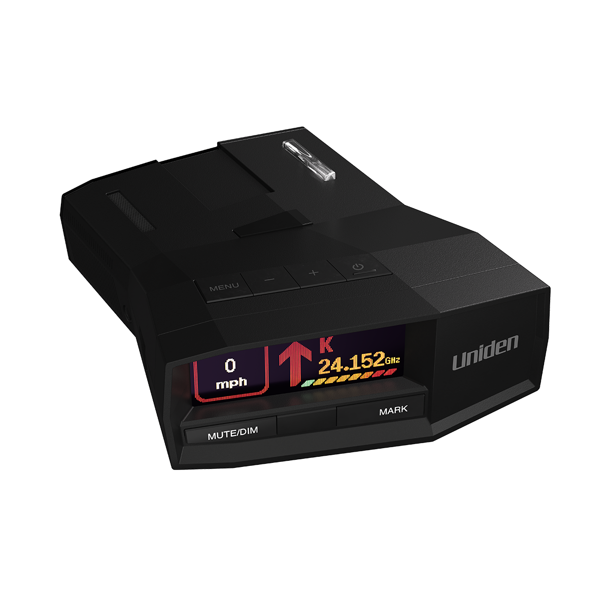 Uniden R8W radar detector top front right angled view with screen on