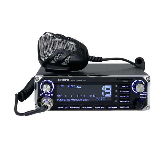 Uniden BearTracker 885 radar detector front facing with screen on