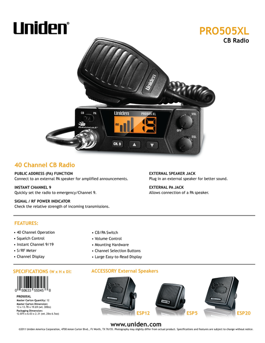 PRO505XL Compact Mobile CB Radio — Uniden America Corporation