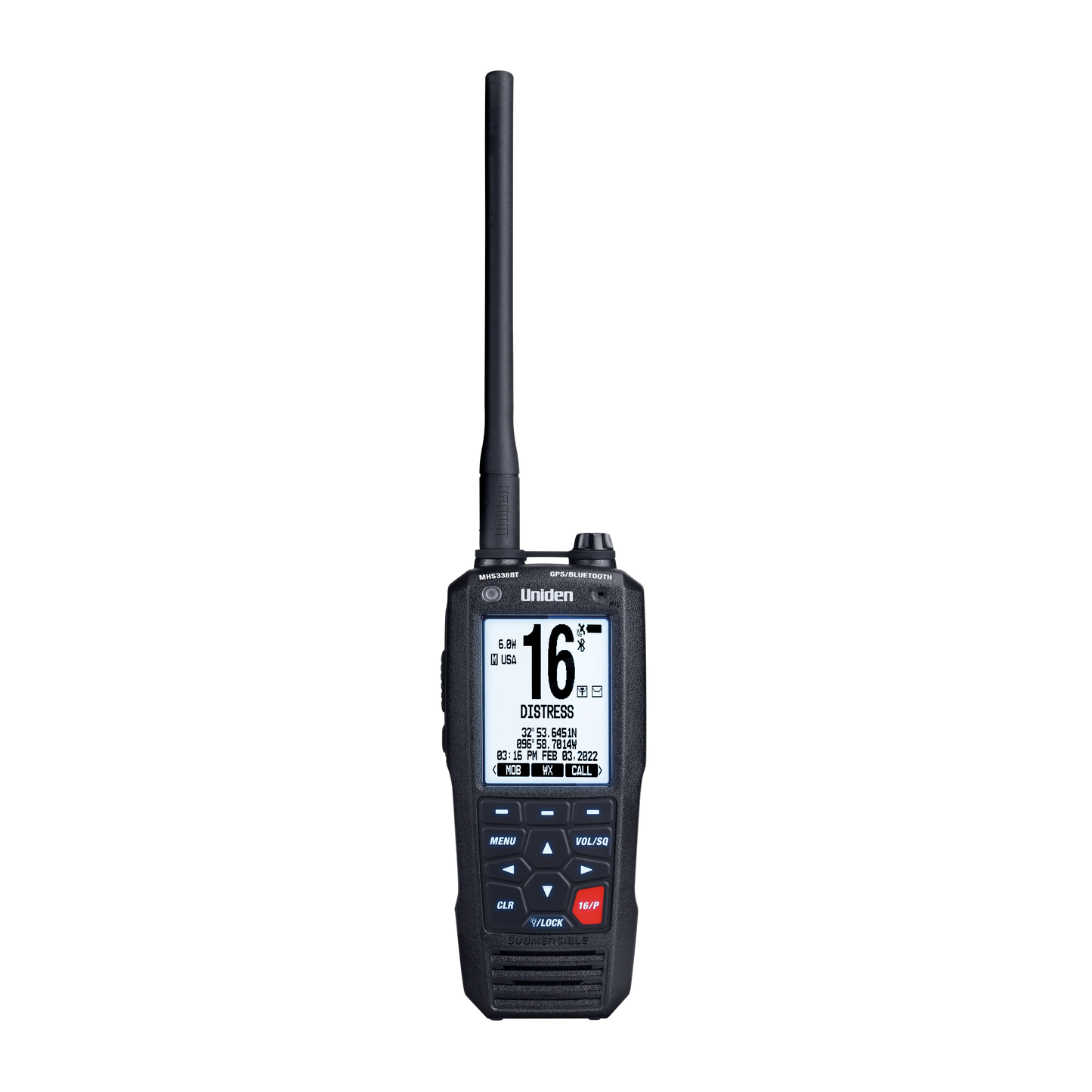 Front view of Uniden MHS338BT handheld marine radio with screen on and extended antenna 