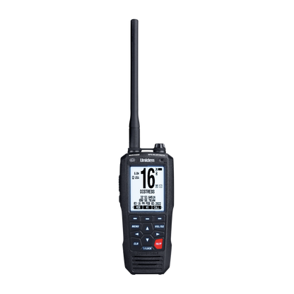 Front view of Uniden MHS338BT handheld marine radio with screen on and extended antenna 