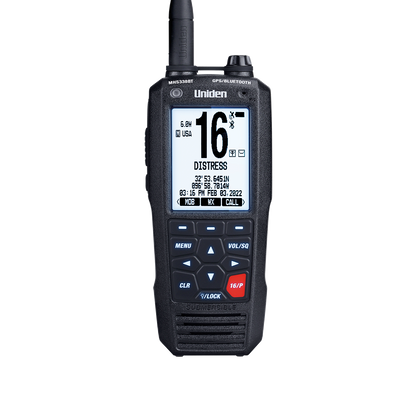 Front view of Uniden MHS338BT handheld marine radio with screen illuminated