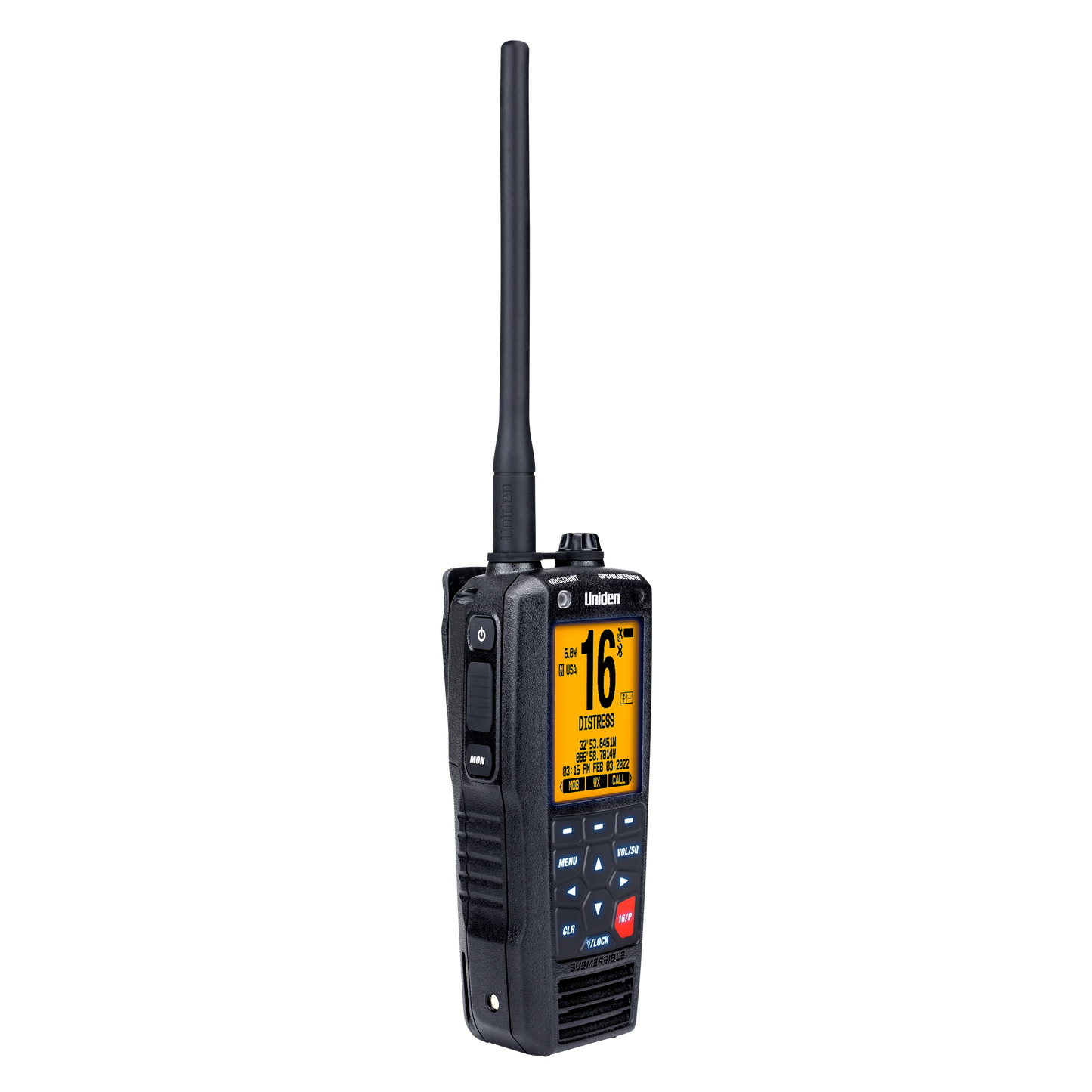 Left angled front view of Uniden MHS338BT handheld marine radio with screen illuminated in light yellow