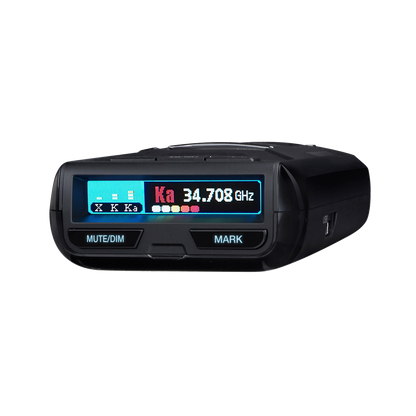 Uniden R3 radar detector angled view with screen turned on and active display