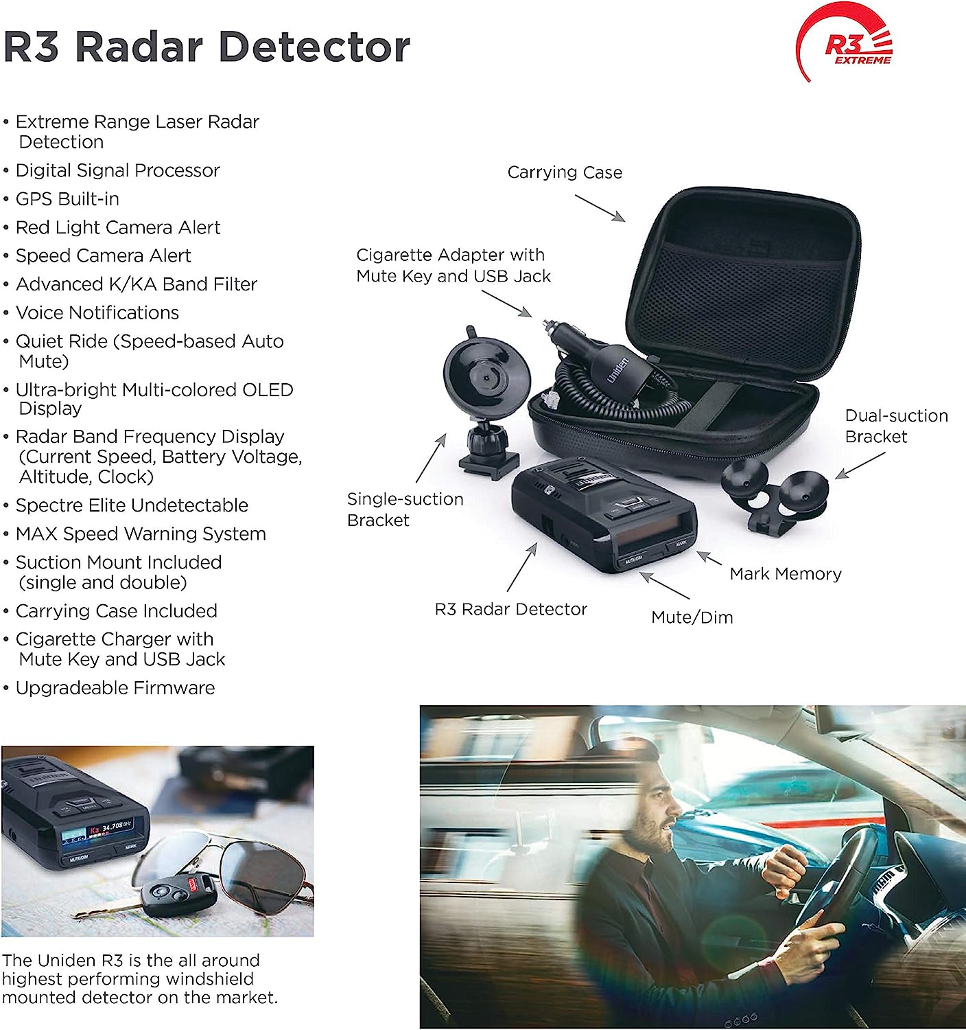 Uniden R3 radar detector feature flier showing full kit with carrying case and single and dual suction mounts