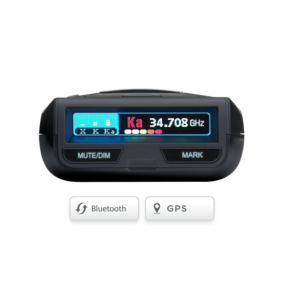 Uniden R3 radar detector front display showing active Bluetooth and GPS settings