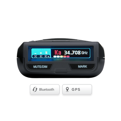 Uniden R3 radar detector front display showing active Bluetooth and GPS settings