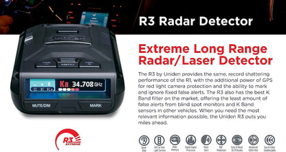 Uniden R3 radar detector front view with feature icons and product description text displayed to the right