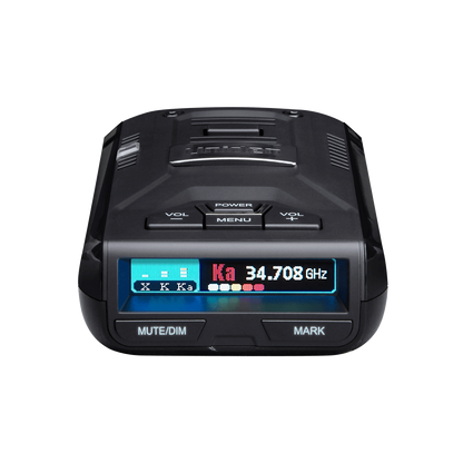 Uniden R3 radar detector front view showing active display screen