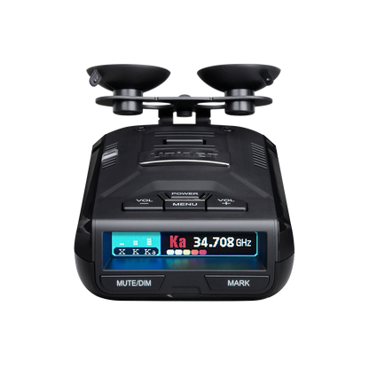 Uniden R3 radar detector front top view with screen on and dual suction cup mount attached