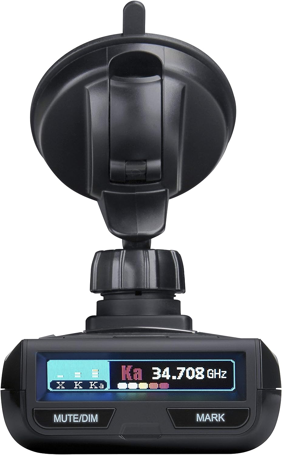 Uniden R3 radar detector front zoomed view with screen turned on showing active display
