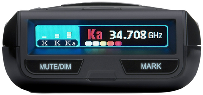 Uniden R3 Extreme Long Range Laser Radar Detector with GPS front zoomed view with screen turned on showing active display