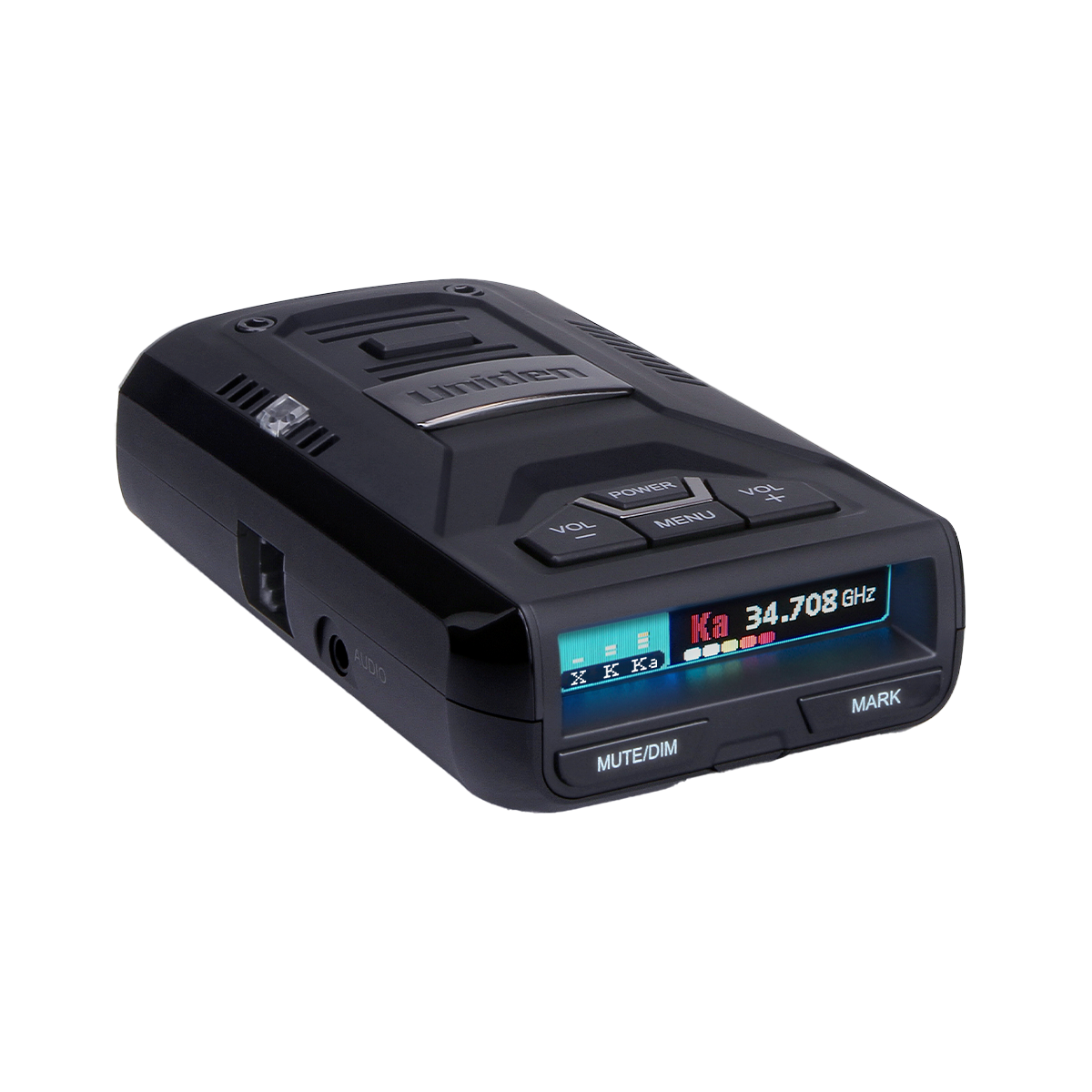 Uniden R3 radar detector top angled view showing screen turned on with active display