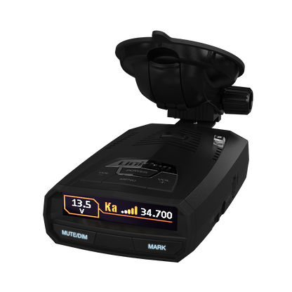 Uniden R4w left-tilted front view with screen on and premium suction cup