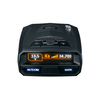 Top-angled Uniden R4w front close-up showing screen clearly and in full detail