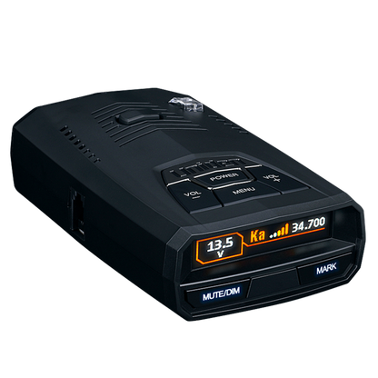 Top angled right-facing Uniden R4w close-up with screen on and visible