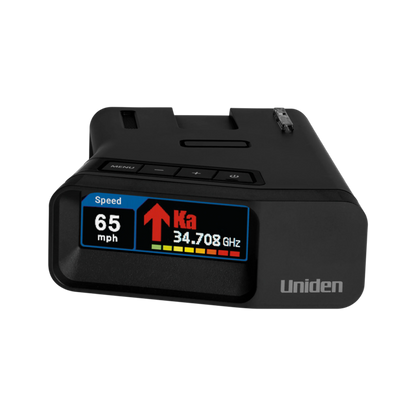 Uniden R7 radar detector front view with centered screen on display