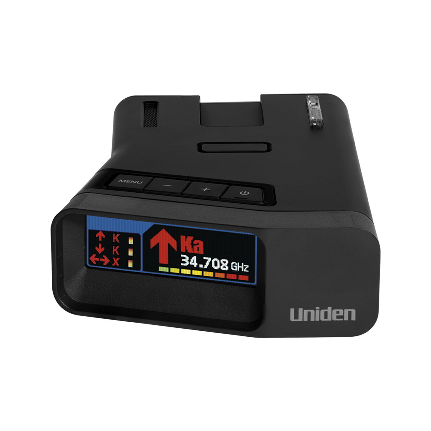 Uniden R7 radar detector top front view with screen on display