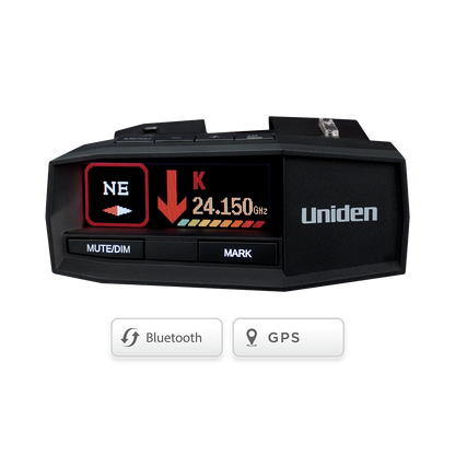 Uniden R8 radar detector front view with screen on showing active Bluetooth and GPS features