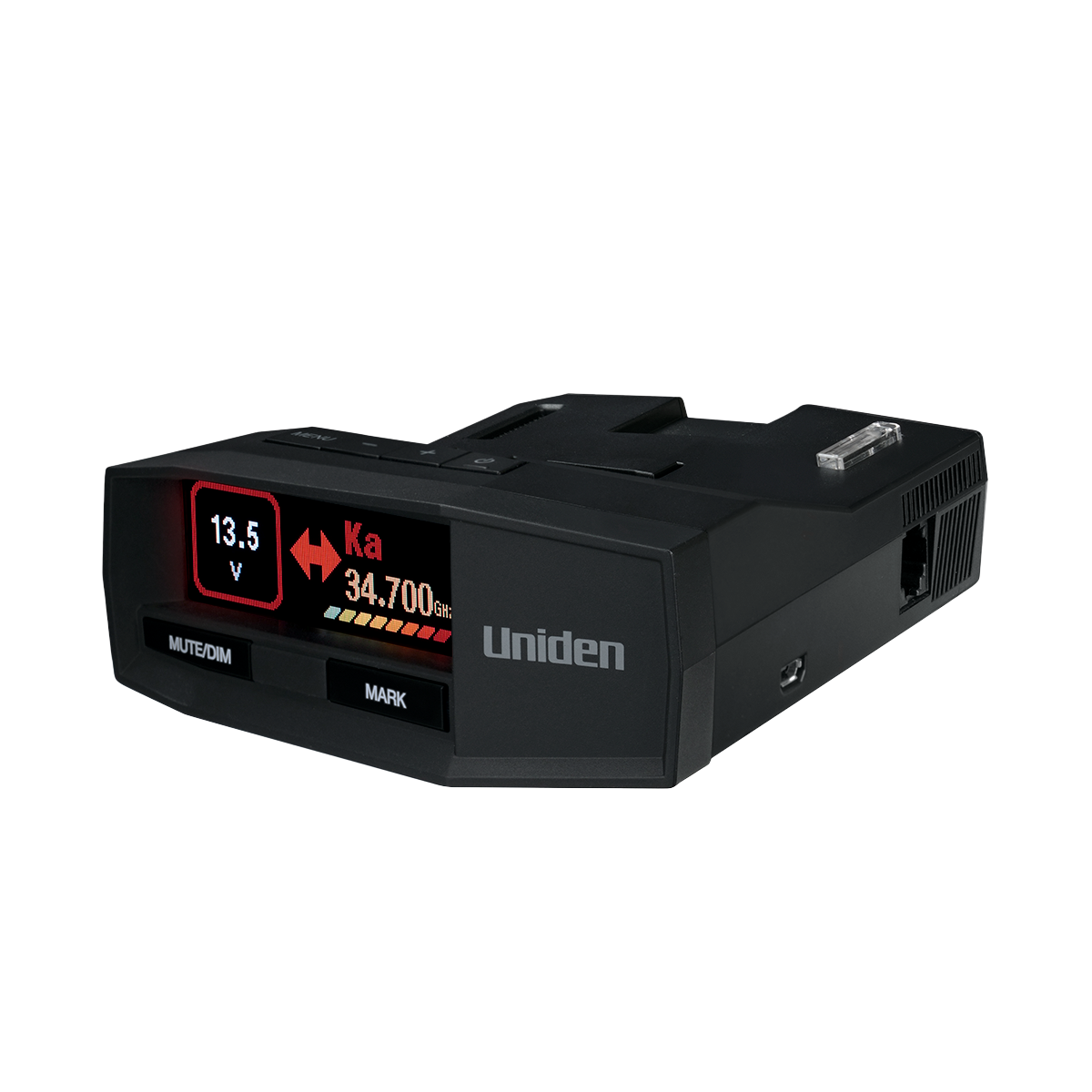 Uniden R8 radar detector front left angled view with screen turned on showing active display