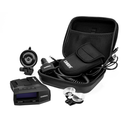 Uniden R8 radar detector full package kit with carrying case, power cord, and dual and premium suction cup mounts