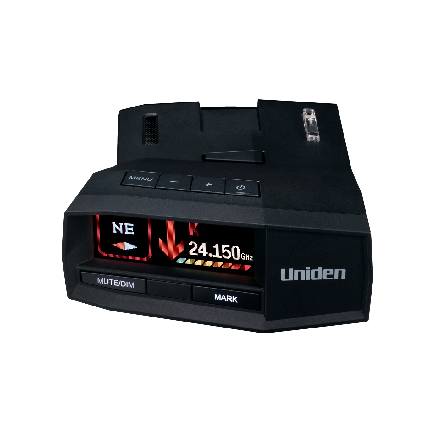 Uniden R8 radar detector top front zoomed view with screen turned on showing active display