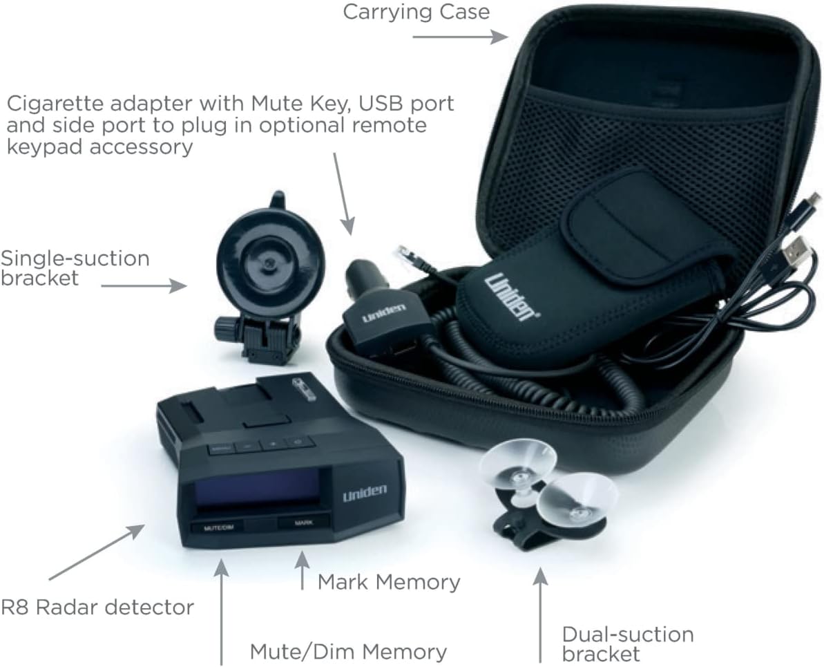 Uniden R8 radar detector what’s in the box layout with carrying case, two suction mounts, and power cord on white background