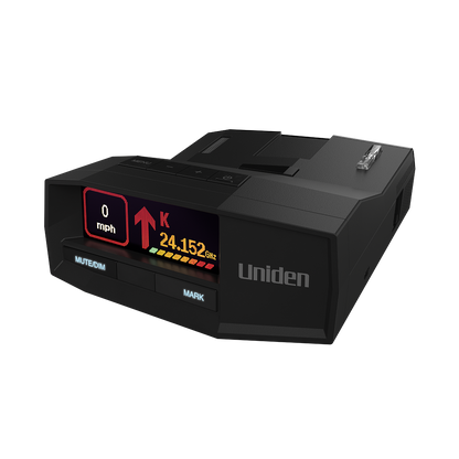 Uniden R8W radar detector front left angle close-up with screen on and no background