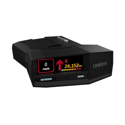 Uniden R8W radar detector front right angle close-up with screen on and no background