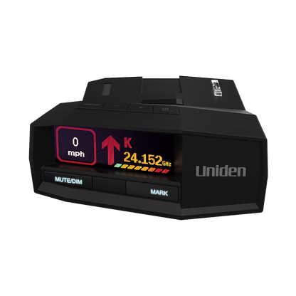 Uniden R8W radar detector, front view with screen on, isolated