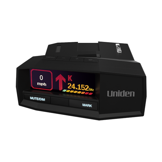 Uniden R8W radar detector, front view with screen on, isolated