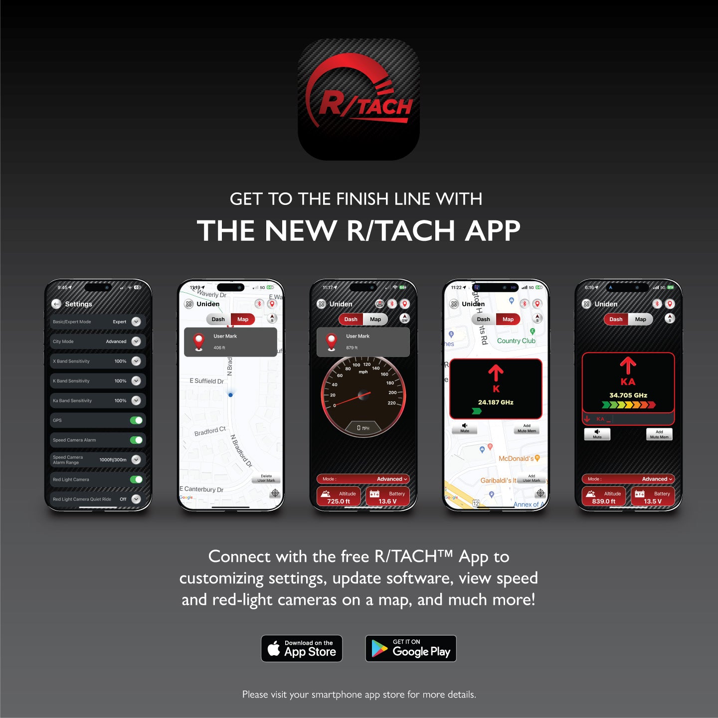 Uniden R8W R/Tach app shown on multiple smartphone screens displaying features