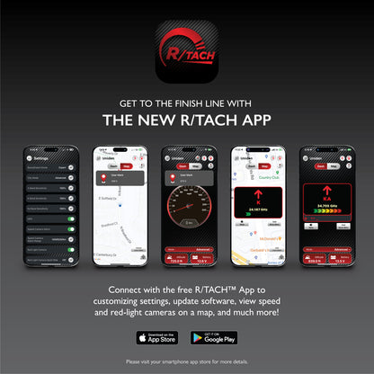 Uniden R8W R/Tach app shown on multiple smartphone screens displaying features