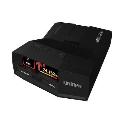 Uniden R8W radar detector top front left angled view with screen on