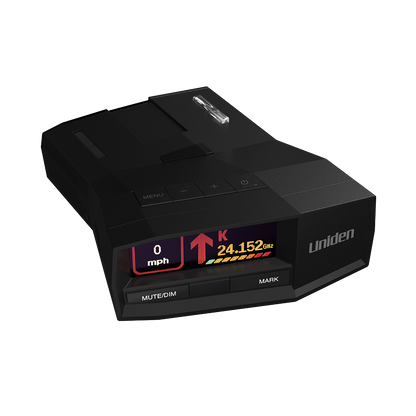 Uniden R8W radar detector top front right angled view with screen on