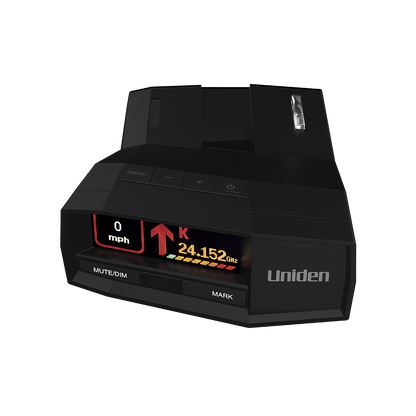 Uniden R8W radar detector top front view showing control buttons clearly