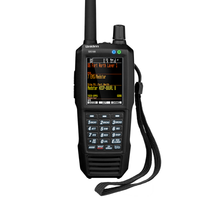 Uniden SDS100 police scanner front view with screen on and attached hand strap