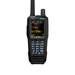 Uniden SDS100 handheld police scanner front view with bright display