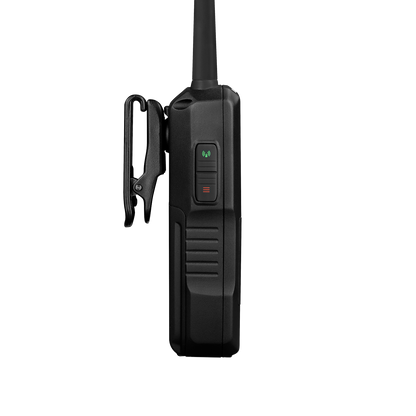 Uniden SDS100 police scanner right side view showing belt clip attached
