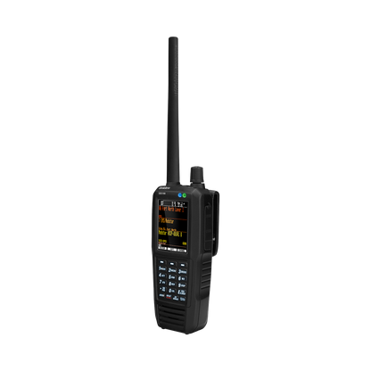 Uniden SDS100 police scanner wide right front view with screen on