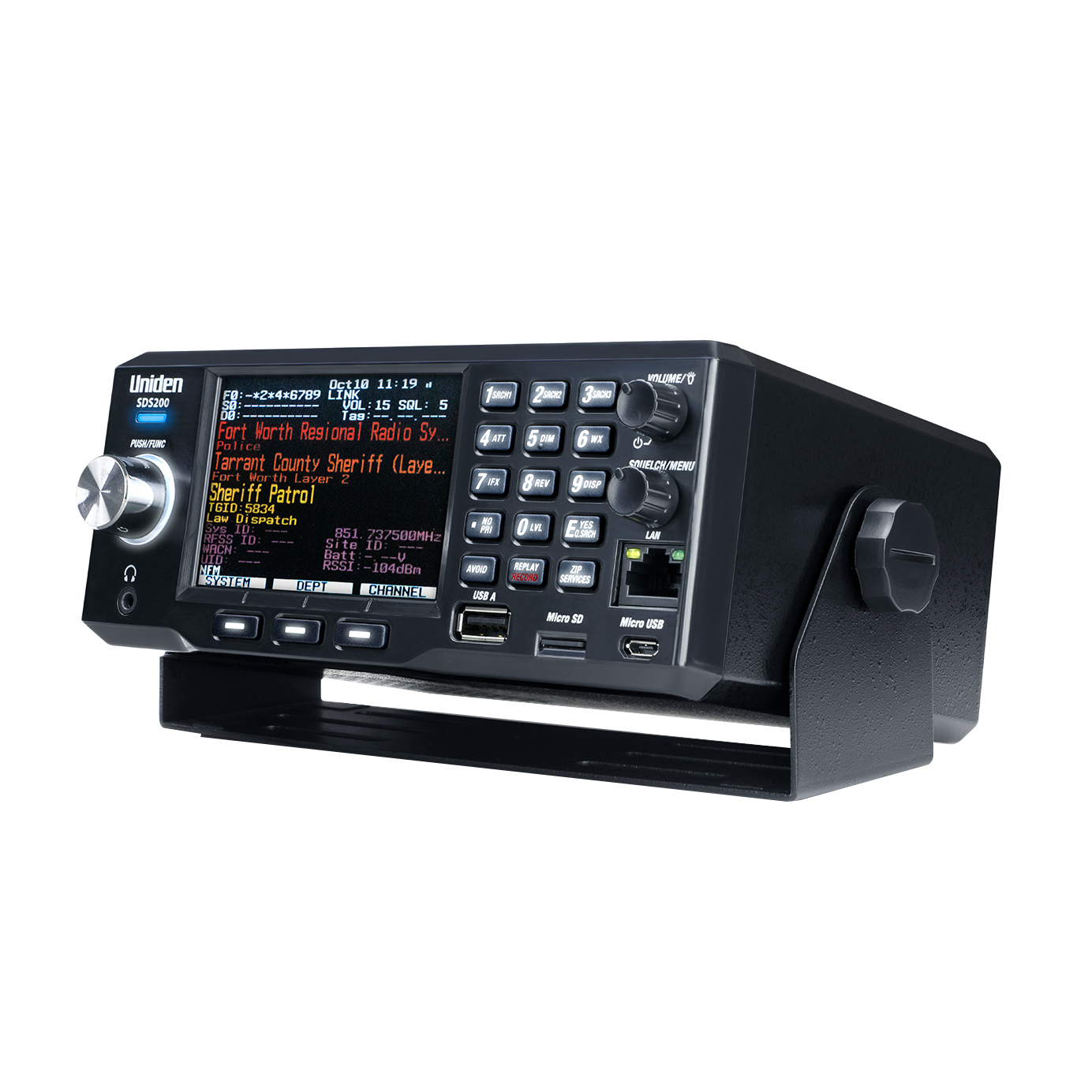 Uniden SDS200 police scanner with tilted left display screen on
